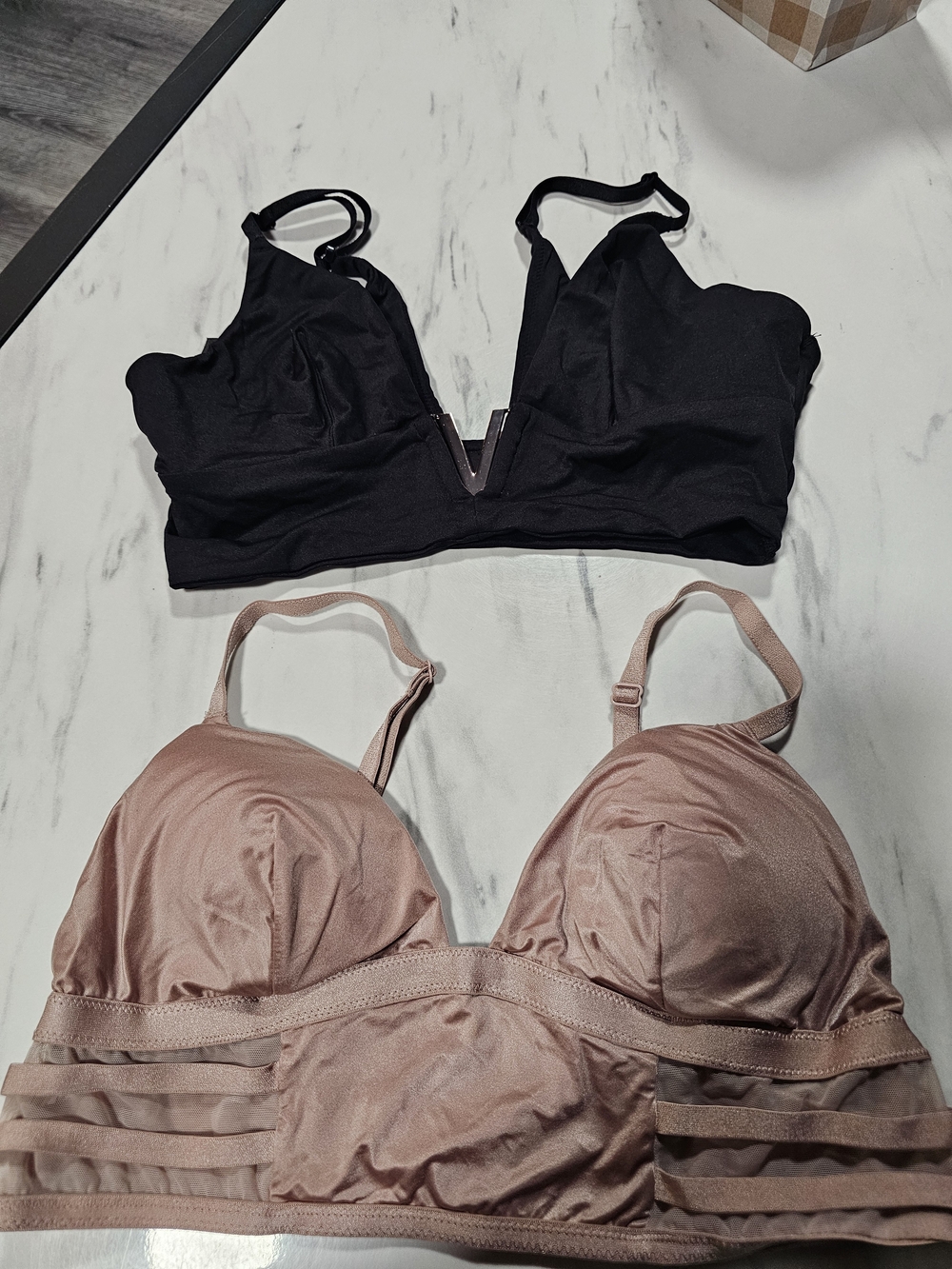 Black V-Plunge Bralette & Rose Taupe Strappy Bralette Set